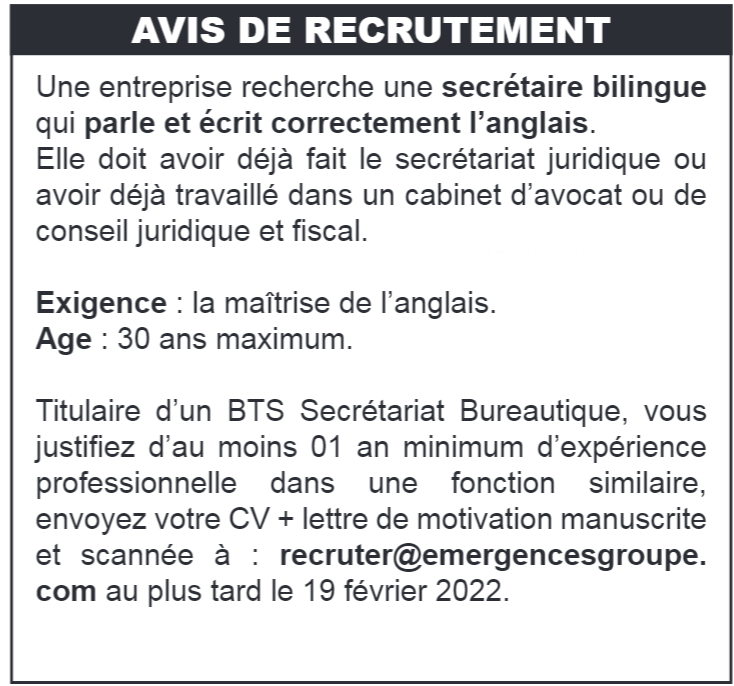 Recrutement de 01 Secrétaire bilingue